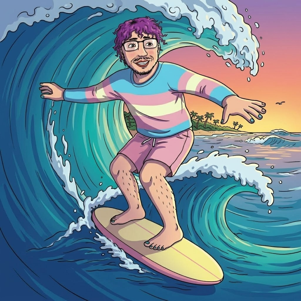 the surfer riding inside a breaking wave at sunset